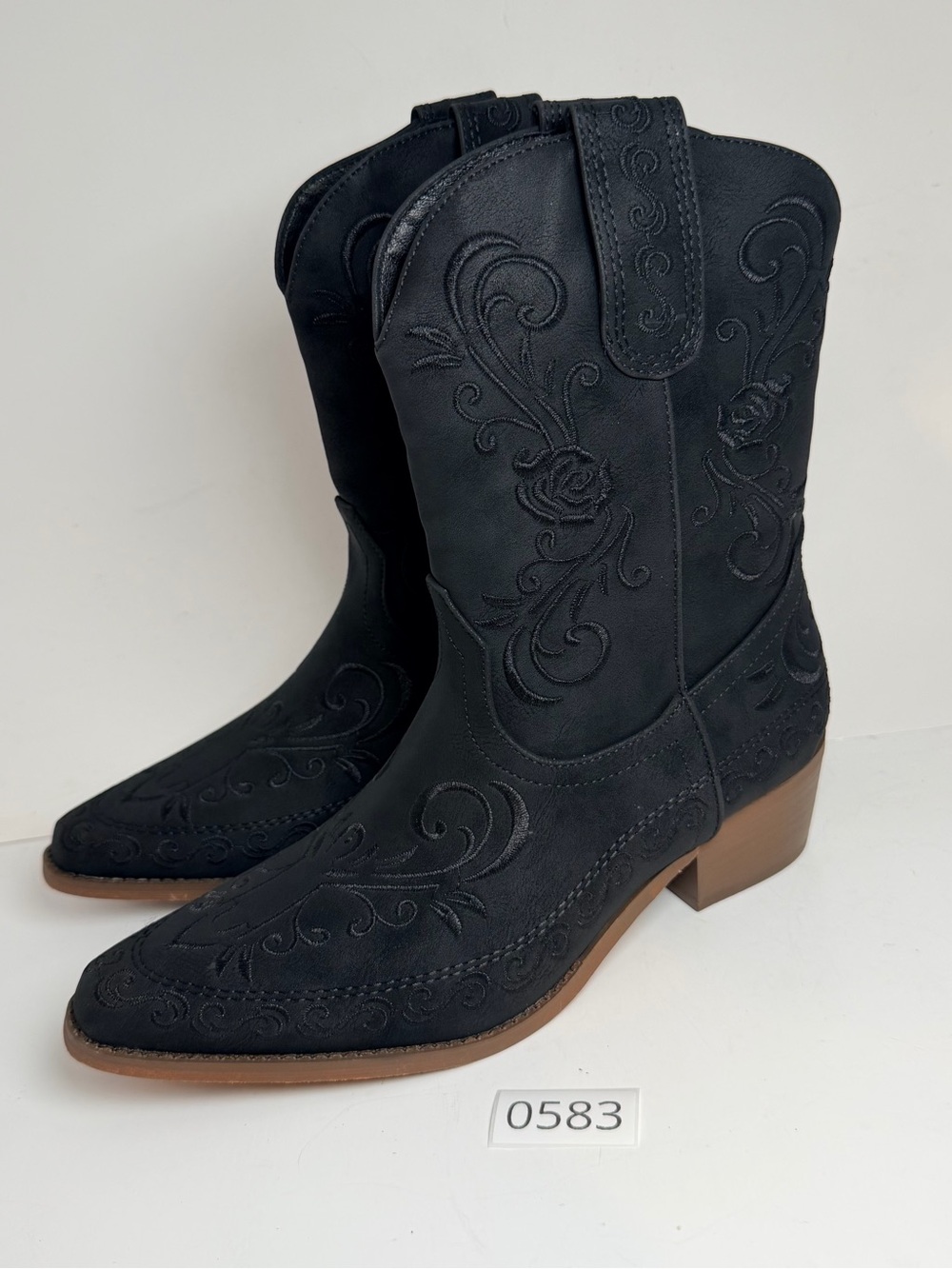 Black Embroidered Western Heeled Boots